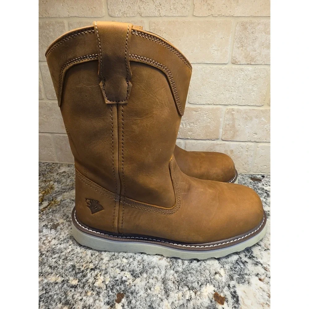 Mens Light Brown Work Boots Leather Oil Resistant Pull On Wedge Steel Toe Sz 8.5